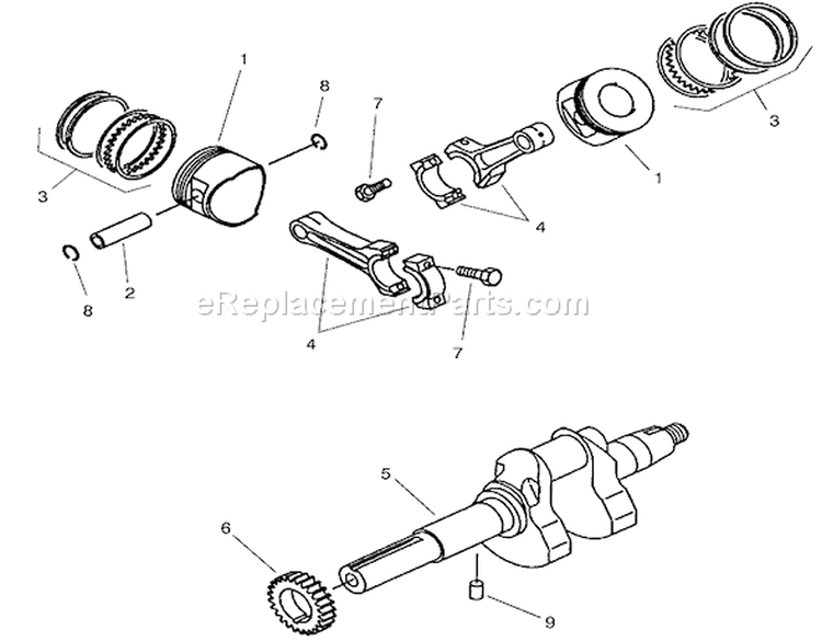 Piston & Crankshaft Assembly Diagram and Parts List for 73580 210000001-210999999 - 2001 Toro Lawn Tractor