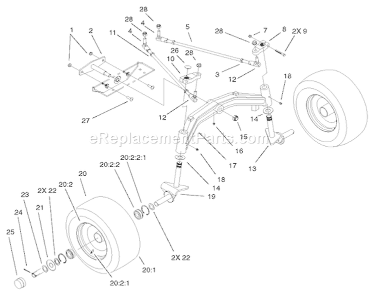 Tie Rods, Spindle and Front Axle Diagram and Parts List for 73580 210000001-210999999 - 2001 Toro Lawn Tractor