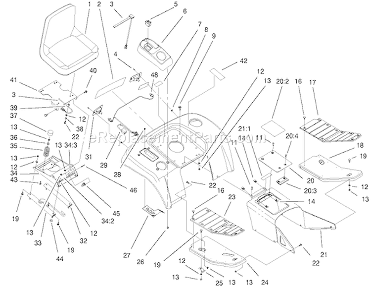 Fender, Footrest and Seat Diagram and Parts List for 73552 200000001-200999999 - 2000 Toro Lawn Tractor