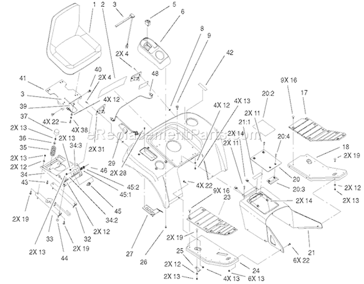 Fender, Footrest & Seat Assembly Diagram and Parts List for 73590 210000001-210999999 - 2001 Toro Lawn Tractor