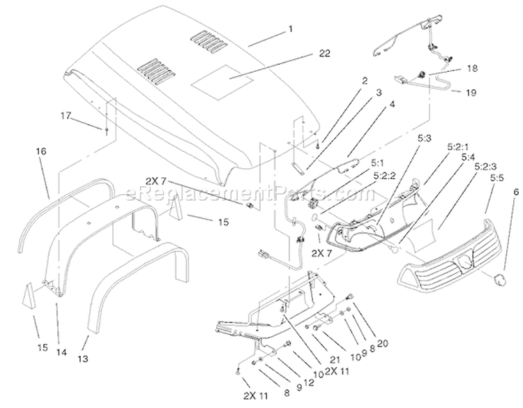 Hood & Headlight Assembly Diagram and Parts List for 73590 210000001-210999999 - 2001 Toro Lawn Tractor