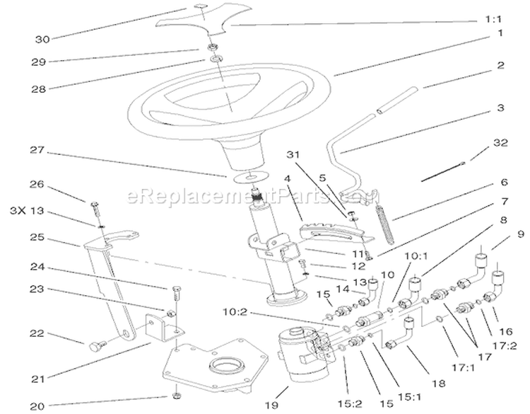 Power Steering & Tilt Assembly Diagram and Parts List for 73590 210000001-210999999 - 2001 Toro Lawn Tractor