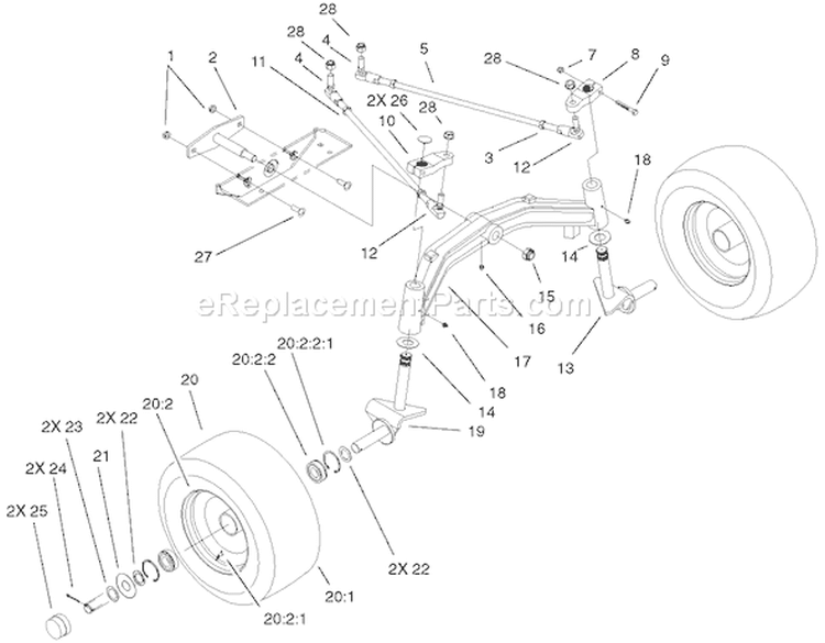 Tie Rods, Spindle and Front Axle Diagram and Parts List for 73590 210000001-210999999 - 2001 Toro Lawn Tractor