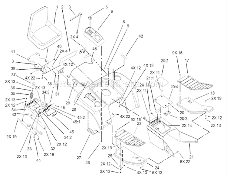 Fender, Footrest & Seat Assembly Diagram and Parts List for 73590 230000001-230999999 - 2003 Toro Lawn Tractor