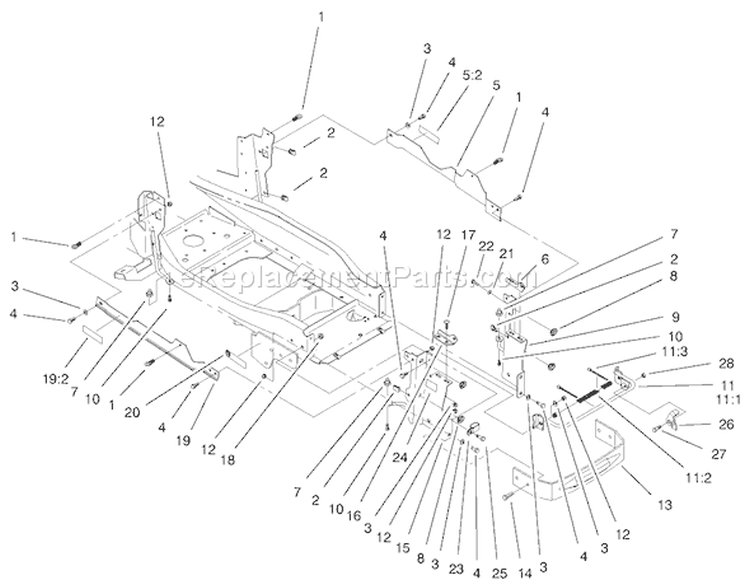 Bumper & Hood Support Assembly Diagram and Parts List for 73552 9900001-9999999 - 1999 Toro Lawn Tractor
