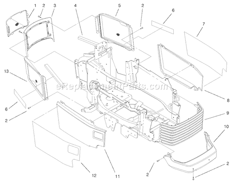 Grille and Side Panels Assembly Diagram and Parts List for 73552 9900001-9999999 - 1999 Toro Lawn Tractor
