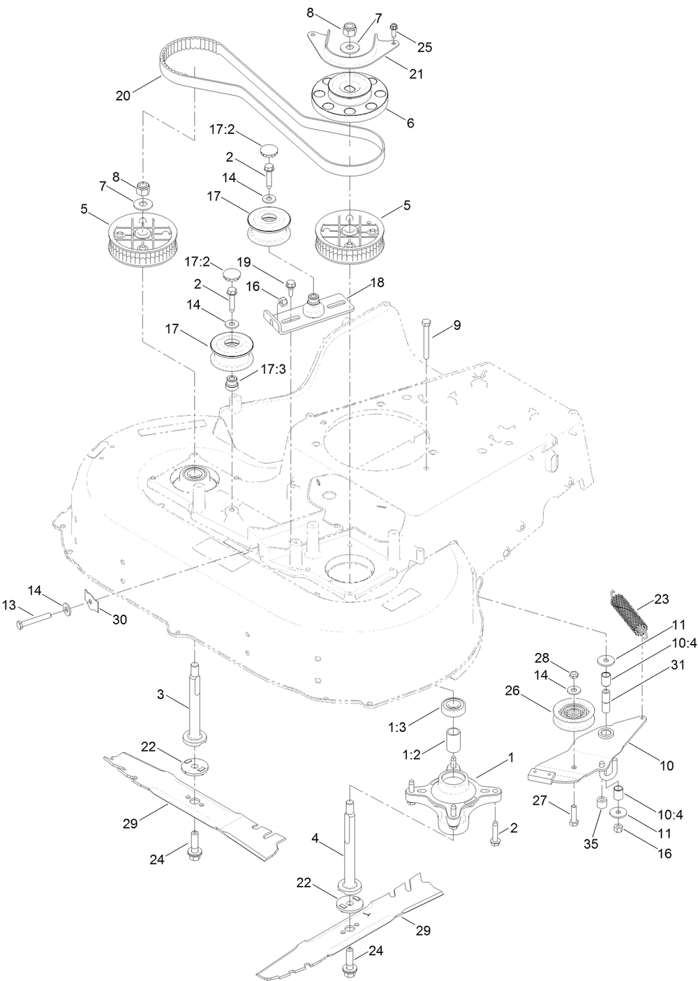Blade And Spindle Assembly Diagram and Parts List for 22205TE 400000000-400699999 Toro Lawn Mower