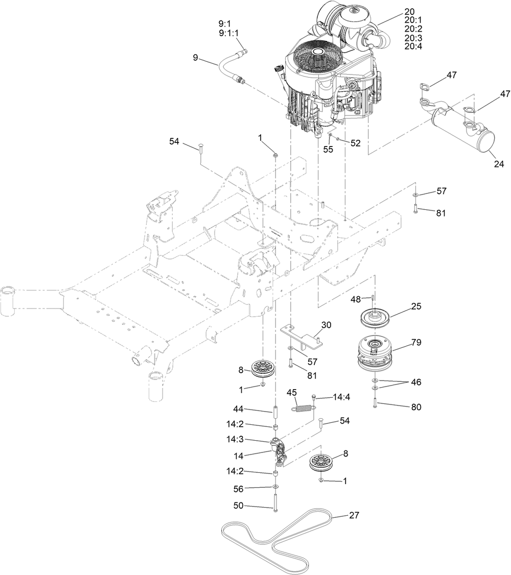 Engine, Clutch And Muffler Assembly Diagram and Parts List for 77248 411435988 - 999999999 Toro Lawn Tractor