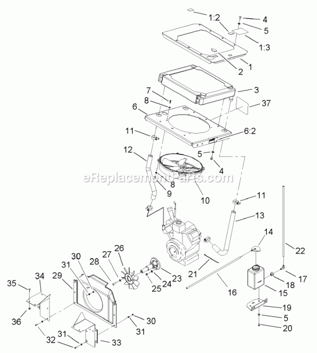 Cooling System Assembly Diagram and Parts List for 74250 240000001-240999999 Toro Lawn Mower