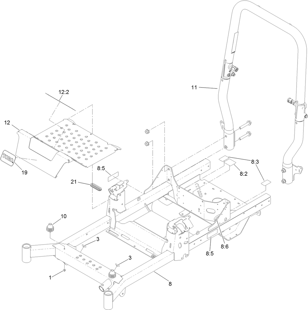 Frame And Roll-Over Protection System Assembly Diagram and Parts List for 74452 402100000-403350940 Toro Lawn Tractor