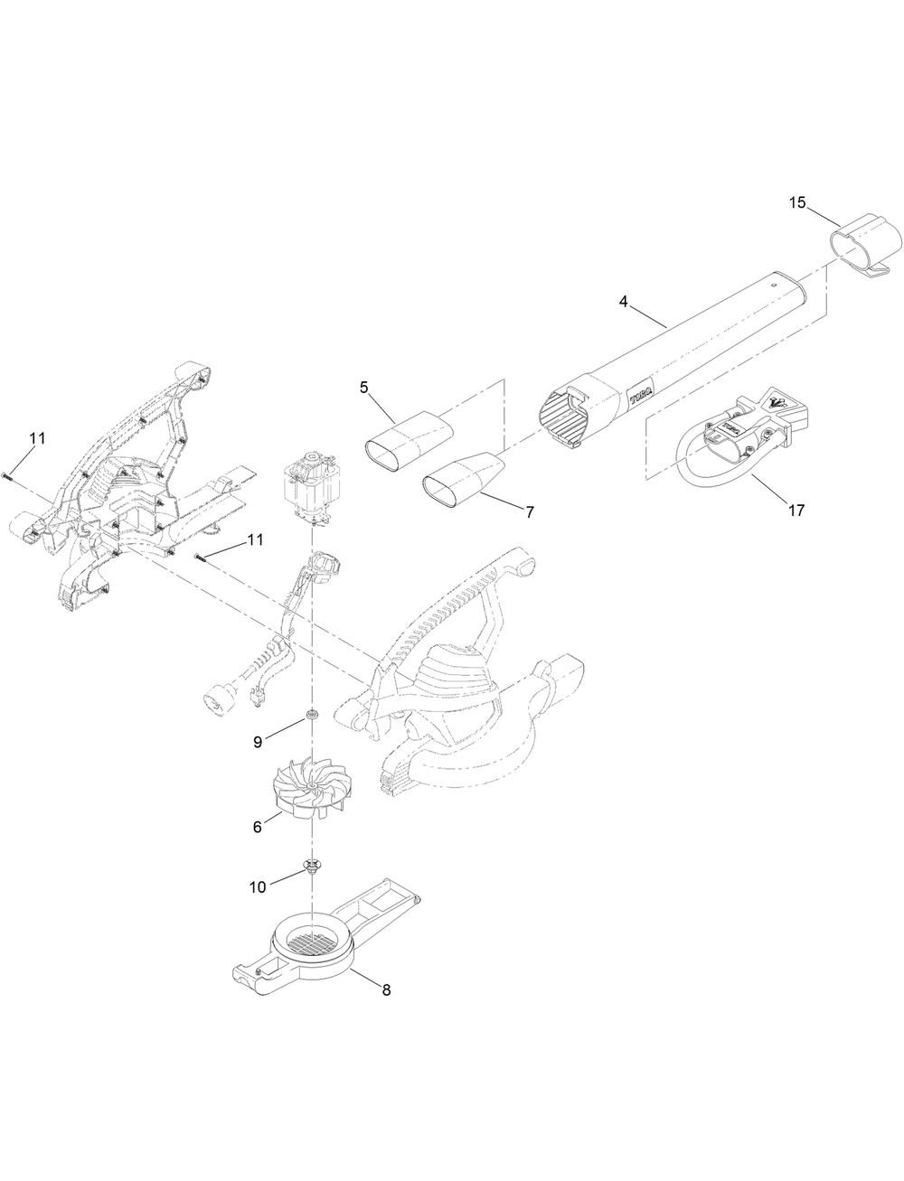 Blower Tube And Impeller Assembly Diagram and Parts List for 51558 322000001-322999999 Toro Leaf Blower / Vacuum