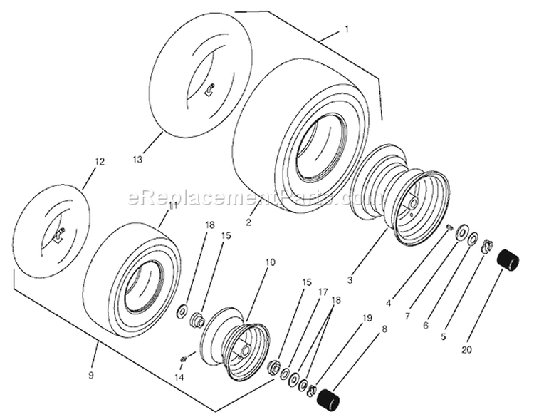 Wheels & Tires Assembly Diagram and Parts List for 74021 39000001-39999999 - 1993 Toro Lawn Tractor