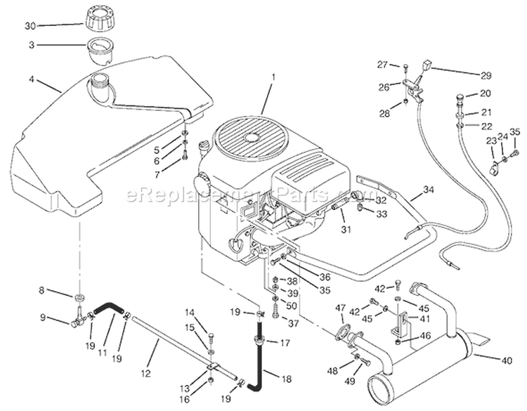 Engine & Fuel System Assembly Diagram and Parts List for 74021 490001-499999 - 1994 Toro Lawn Tractor
