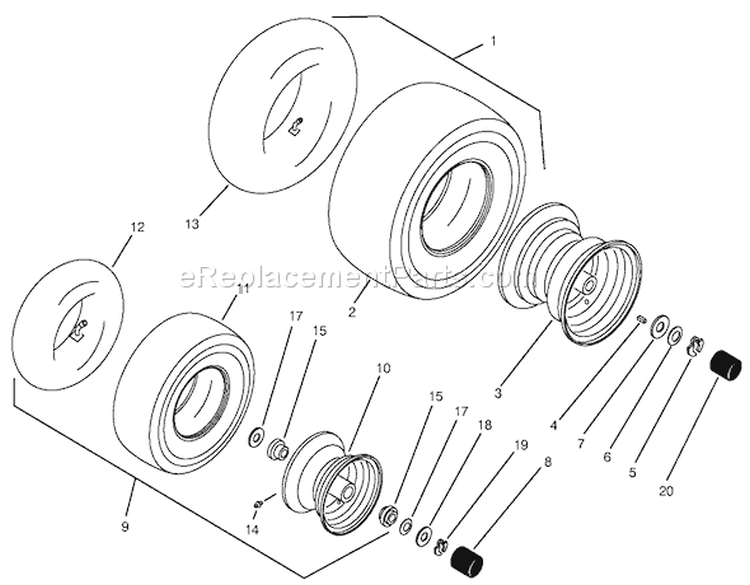 Wheels & Tires Assembly Diagram and Parts List for 74021 490001-499999 - 1994 Toro Lawn Tractor