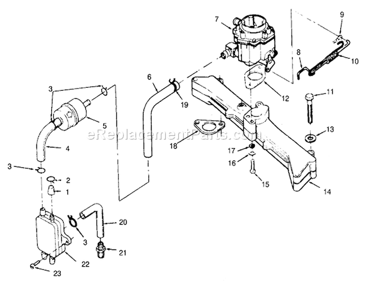 Carburetor, Intake Manifold & Fuel Pump Diagram and Parts List for 74140 49000001-49999999 - 1994 Toro Lawn Tractor