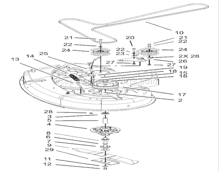 38in Deck Spindle and Belt Drive Assembly Diagram and Parts List for 74301 230000001-230999999 - 2003 Toro Lawn Tractor