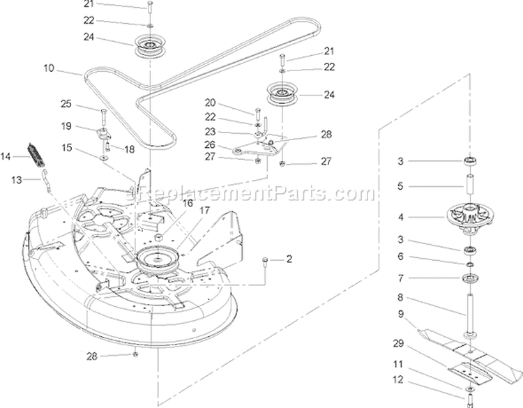 38in Deck and Spindle and Belt Drive Assembly Diagram and Parts List for 74301 240000001-240000893 - 2004 Toro Lawn Tractor