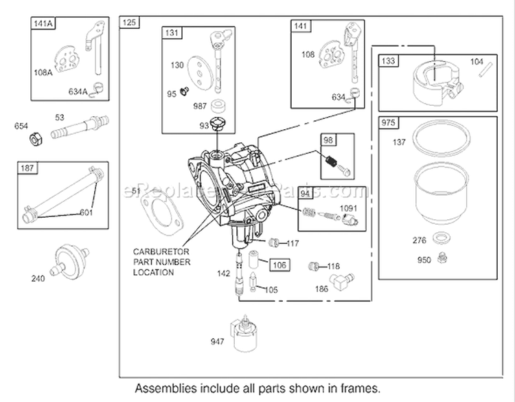 Carburetor Assembly Diagram and Parts List for 74301 230000001-230999999 - 2003 Toro Lawn Tractor