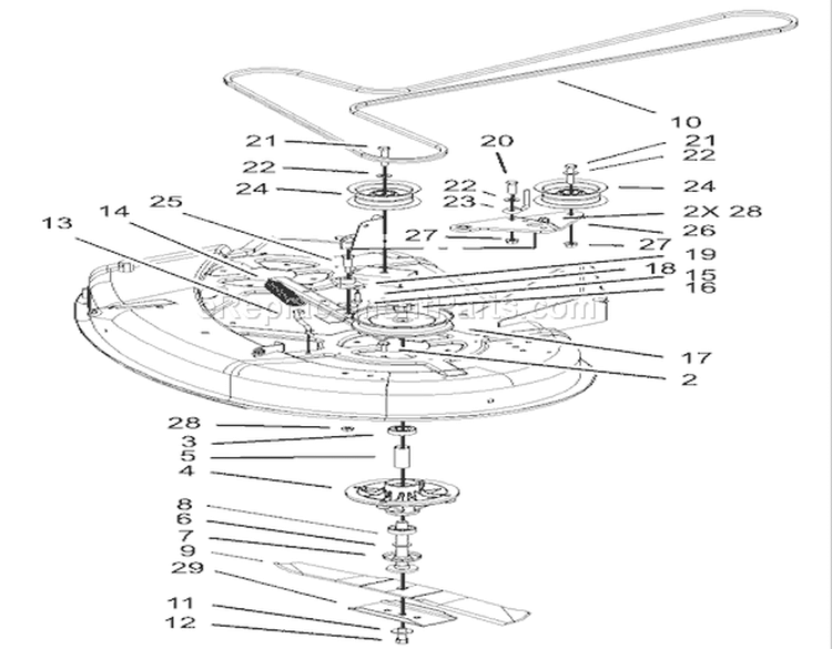 42in Deck Spindle and Belt Drive Assembly Diagram and Parts List for 74325 230000001-230999999 - 2003 Toro Lawn Tractor