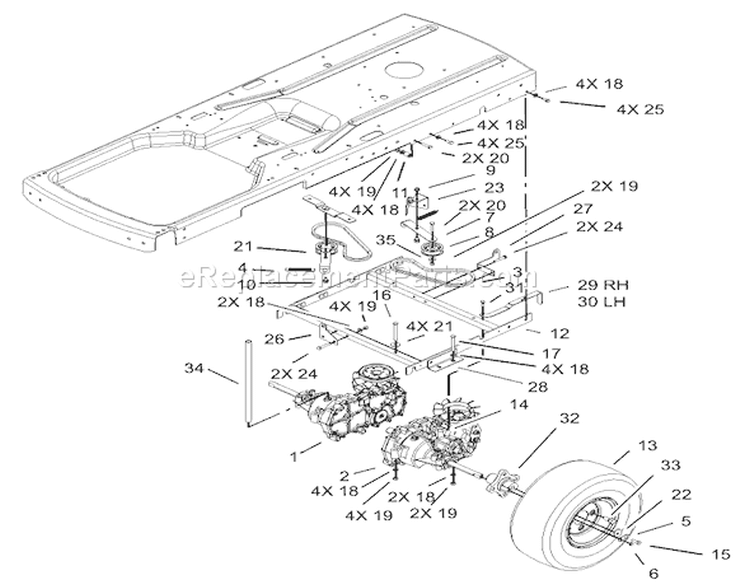 Hydro and Belt Drive Assembly Diagram and Parts List for 74325 230000001-230999999 - 2003 Toro Lawn Tractor