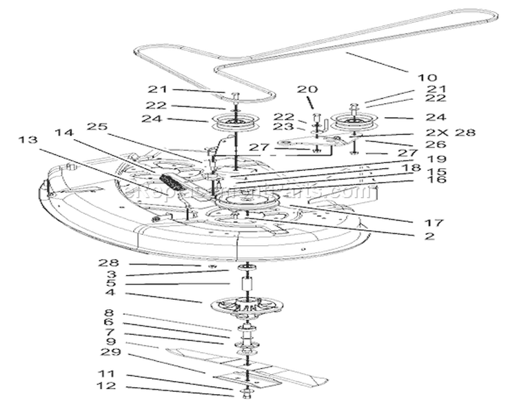 42in Deck Spindle and Belt Drive Assembly Diagram and Parts List for 74330 230000001-230999999 - 2003 Toro Lawn Tractor
