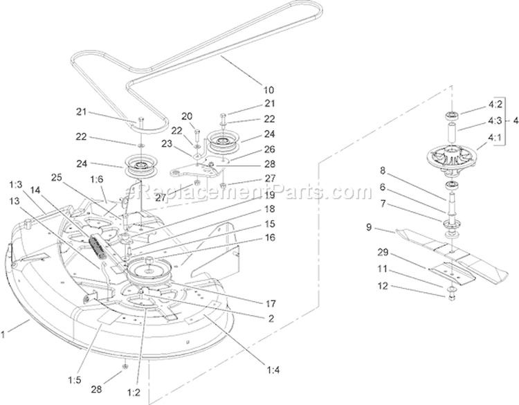 Deck, Spindle and Belt Drive Assembly Diagram and Parts List for 74330 240000001-240001179 - 2004 Toro Lawn Tractor