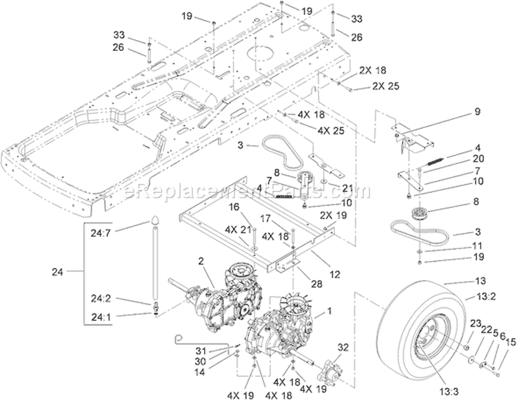Hydro and Belt Drive Assembly Diagram and Parts List for 74330 250000001-250999999 - 2005 Toro Lawn Tractor