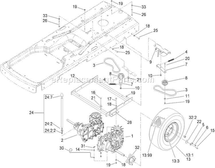 Hydro and Belt Drive Assembly Diagram and Parts List for 74352 250000001-250999999 - 2005 Toro Lawn Tractor