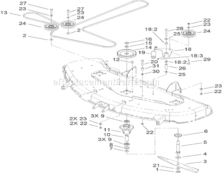 48in Spindle and Belt Drive Assembly Diagram and Parts List for 74353 260000001-260999999 - 2006 Toro Lawn Tractor