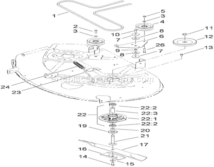 42 Inch Deck Spindle and Belt Drive Assembly Diagram and Parts List for 74360 290000001-290001198 - 2009 Toro Lawn Tractor