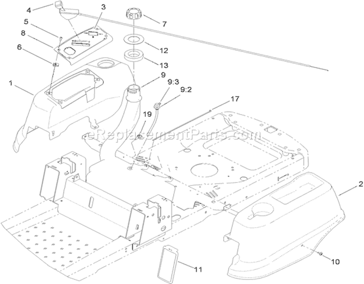 Styling and Fuel System Assembly Diagram and Parts List for 74360 290000001-290001198 - 2009 Toro Lawn Tractor