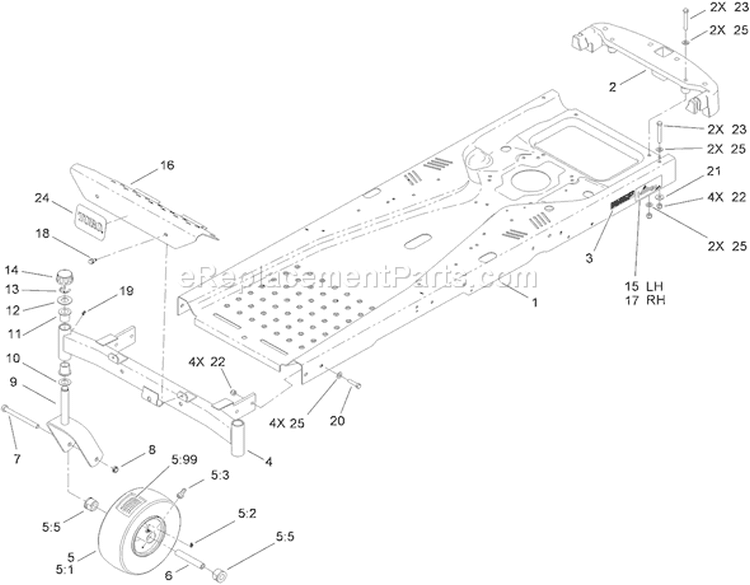 Frame and Caster Wheel Assembly Diagram and Parts List for 74365 310000001-310999999 - 2010 Toro Lawn Tractor