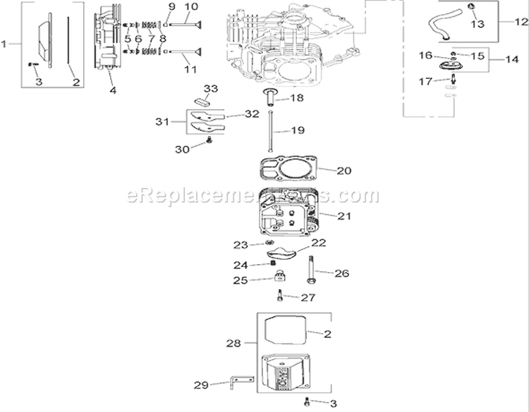 Head, Valve and Breather Assembly Diagram and Parts List for 74372 270000001-270999999 - 2007 Toro Lawn Tractor