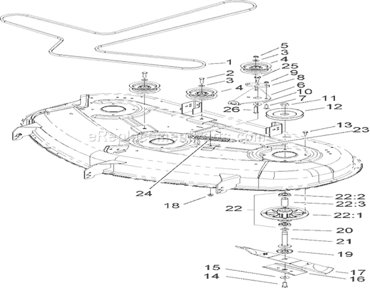 50in Deck Spindle and Belt Drive Assembly Diagram and Parts List for 74372 270000001-270999999 - 2007 Toro Lawn Tractor