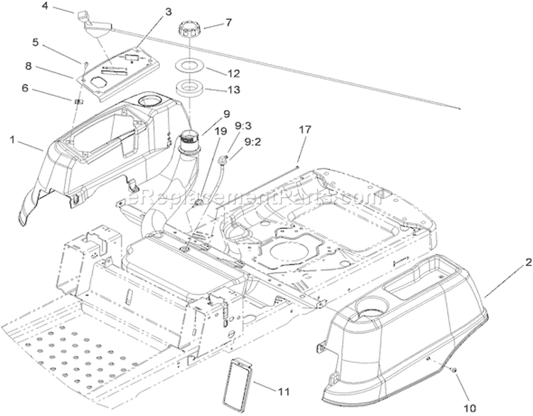 Styling and Fuel System Assembly Diagram and Parts List for 74373 290000001-290004012 - 2009 Toro Lawn Tractor