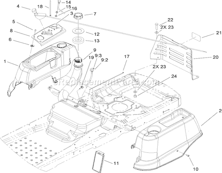 Styling and Fuel System Assembly Diagram and Parts List for 74374 280000001-280999999 - 2008 Toro Lawn Tractor