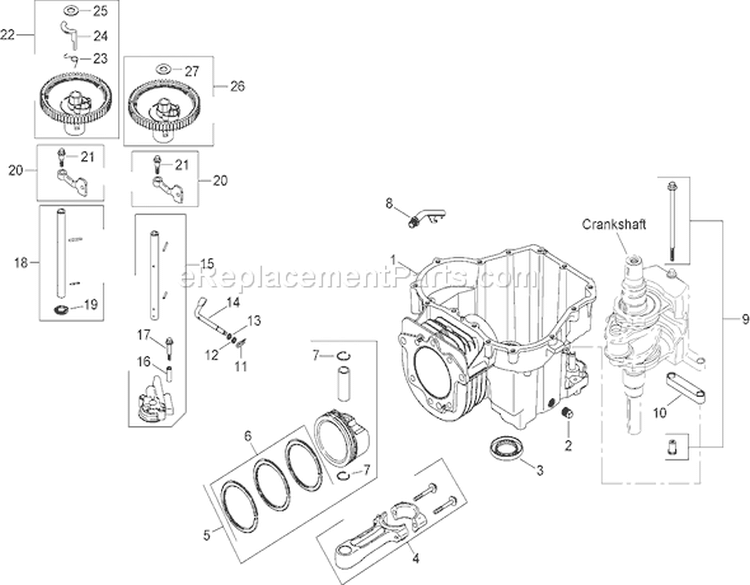 Crankcase Assembly Diagram and Parts List for 74380 280000001-280999999 - 2008 Toro Lawn Tractor