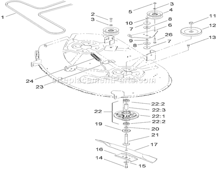 42 Inch Deck Spindle and Belt Drive Assembly Diagram and Parts List for 74380 290000001-290000325 - 2009 Toro Lawn Tractor