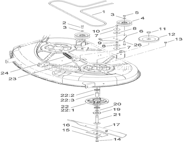 42 Inch Deck Spindle and Belt Drive Assembly Diagram and Parts List for 74380 290000326-290999999 - 2009 Toro Lawn Tractor