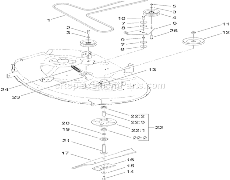 42 Inch Deck Spindle and Belt Drive Assembly Diagram and Parts List for 74381 310000001-310999999 - 2010 Toro Lawn Tractor