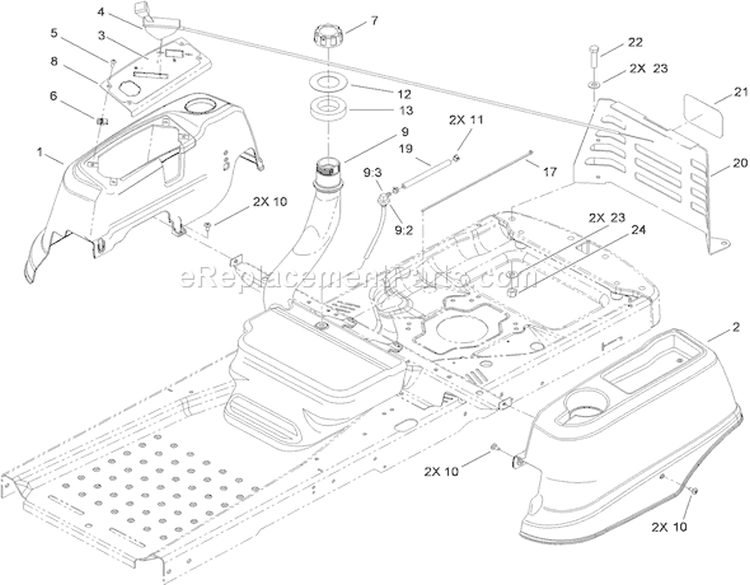 Fuel Delivery and Body Styling Assembly Diagram and Parts List for 74381 310000001-310999999 - 2010 Toro Lawn Tractor