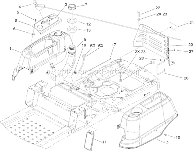 Styling and Fuel System Assembly Diagram and Parts List for 74391 270000001-270999999 - 2007 Toro Lawn Tractor