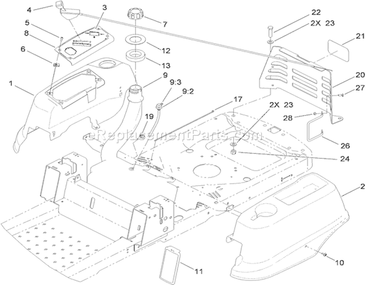 Styling and Fuel System Assembly Diagram and Parts List for 74380 290000001-290000325 - 2009 Toro Lawn Tractor