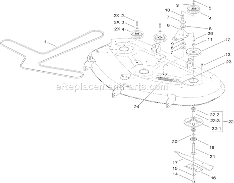 50 Inch Deck Spindle, Belt and Blade Assembly Diagram and Parts List for 74398 310000001-310999999 - 2010 Toro Lawn Tractor