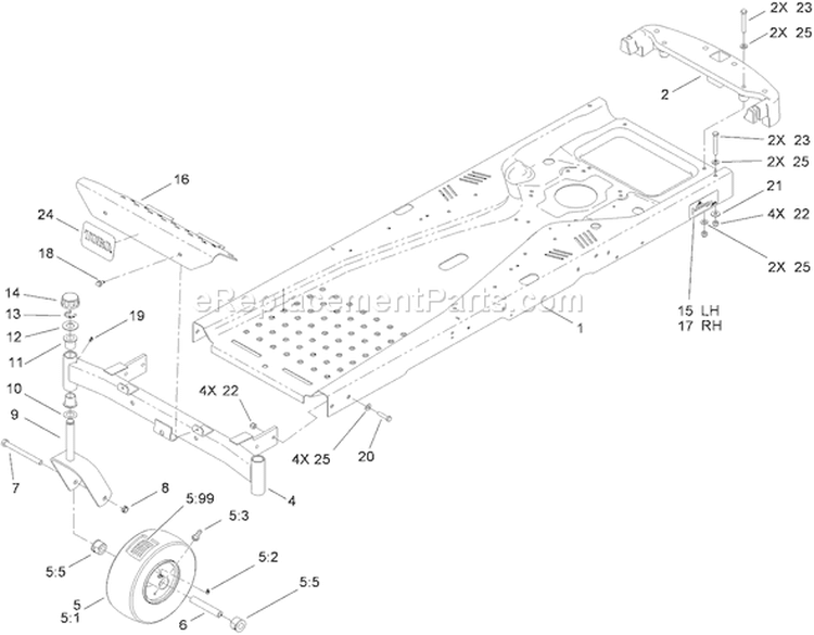 Frame and Caster Wheel Assembly Diagram and Parts List for 74398 310000001-310999999 - 2010 Toro Lawn Tractor