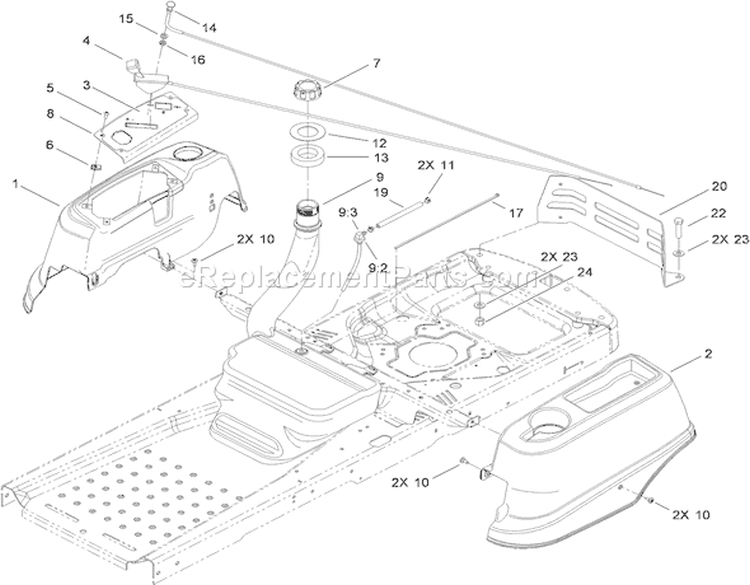 Fuel Delivery and Body Styling Assembly Diagram and Parts List for 74398 310000001-310999999 - 2010 Toro Lawn Tractor
