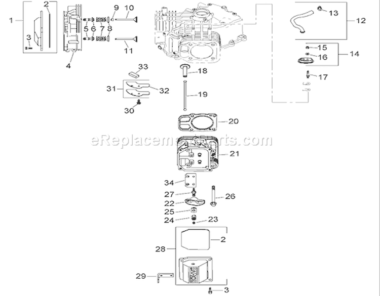Head, Valve and Breather Assembly Diagram and Parts List for 74399 270000001-270999999 - 2007 Toro Lawn Tractor