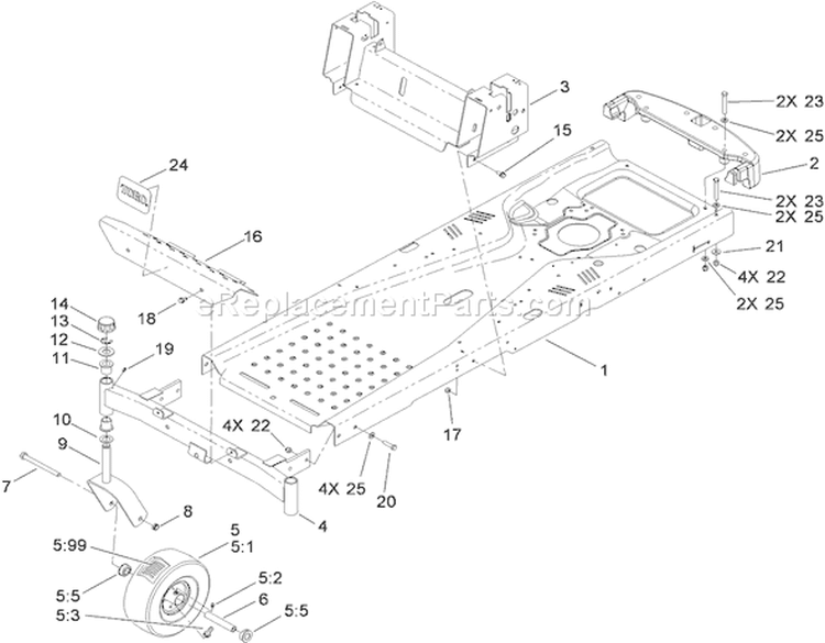 Frame and Castor Wheel Assembly Diagram and Parts List for 74399 290000440-290999999 - 2009 Toro Lawn Tractor