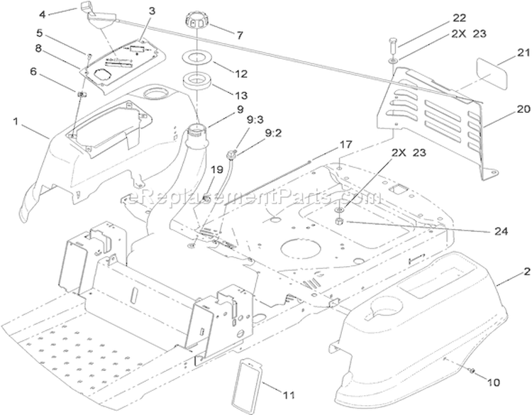 Styling and Fuel System Assembly Diagram and Parts List for 74399 290000440-290999999 - 2009 Toro Lawn Tractor