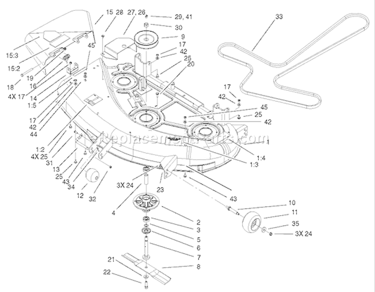 44in Deck Assembly Diagram and Parts List for 74401 220000001-220999999 - 2002 Toro Lawn Tractor